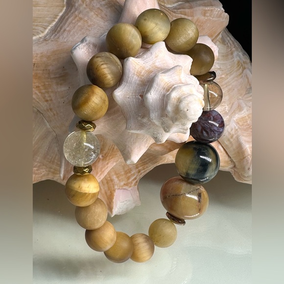 YELLOW TIGERS EYE + PIETERSITE + GOLD RUTILATED NATURAL STONES BRACELET size 7” - Picture 2 of 10